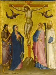 Korsfästelsen med Johannes döparen, Jungfrun, Johannes evangelisten och en kartusisk helgon, ca 1385-1390 (tempera och bladguld på panel)